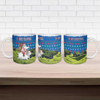 Faroe Islands Christmas Ceramic Mug with Santa Riding Sheep Grass Roof Houses and Blue Nordic Pattern Design - Wonder Print Shop