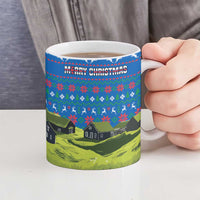 Faroe Islands Christmas Ceramic Mug with Santa Riding Sheep Grass Roof Houses and Blue Nordic Pattern Design - Wonder Print Shop