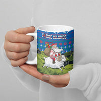 Faroe Islands Christmas Ceramic Mug with Santa Riding Sheep Grass Roof Houses and Blue Nordic Pattern Design - Wonder Print Shop