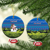 Faroe Islands Christmas Ceramic Ornament with Santa Riding Sheep Grass Roof Houses and Blue Nordic Pattern Design - Wonder Print Shop