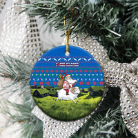 Faroe Islands Christmas Ceramic Ornament with Santa Riding Sheep Grass Roof Houses and Blue Nordic Pattern Design - Wonder Print Shop