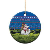 Faroe Islands Christmas Ceramic Ornament with Santa Riding Sheep Grass Roof Houses and Blue Nordic Pattern Design - Wonder Print Shop