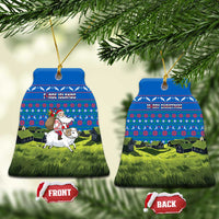 Faroe Islands Christmas Ceramic Ornament with Santa Riding Sheep Grass Roof Houses and Blue Nordic Pattern Design - Wonder Print Shop