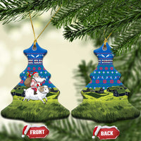 Faroe Islands Christmas Ceramic Ornament with Santa Riding Sheep Grass Roof Houses and Blue Nordic Pattern Design - Wonder Print Shop