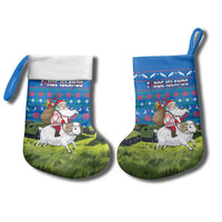 Faroe Islands Christmas Stocking with Santa Riding Sheep Grass Roof Houses and Blue Nordic Pattern Design - Wonder Print Shop