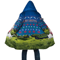 Faroe Islands Christmas Cloak with Santa Riding Sheep Grass Roof Houses and Blue Nordic Pattern Design - Wonder Print Shop