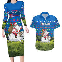 Faroe Islands Christmas Couples Matching Long Sleeve Bodycon Dress and Hawaiian Shirt with Santa Riding Sheep Grass Roof Houses and Blue Nordic Pattern Design - Wonder Print Shop