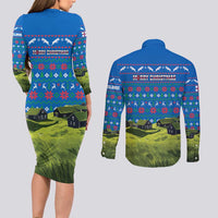 Faroe Islands Christmas Couples Matching Long Sleeve Bodycon Dress and Long Sleeve Button Shirt with Santa Riding Sheep Grass Roof Houses and Blue Nordic Pattern Design - Wonder Print Shop