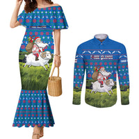 Faroe Islands Christmas Couples Matching Mermaid Dress and Long Sleeve Button Shirt with Santa Riding Sheep Grass Roof Houses and Blue Nordic Pattern Design - Wonder Print Shop