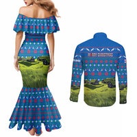 Faroe Islands Christmas Couples Matching Mermaid Dress and Long Sleeve Button Shirt with Santa Riding Sheep Grass Roof Houses and Blue Nordic Pattern Design - Wonder Print Shop