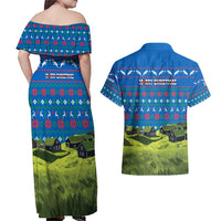 Faroe Islands Christmas Couples Matching Off Shoulder Maxi Dress and Hawaiian Shirt with Santa Riding Sheep Grass Roof Houses and Blue Nordic Pattern Design - Wonder Print Shop