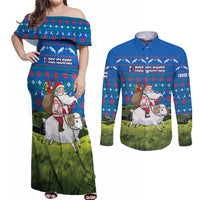 Faroe Islands Christmas Couples Matching Off Shoulder Maxi Dress and Long Sleeve Button Shirt with Santa Riding Sheep Grass Roof Houses and Blue Nordic Pattern Design - Wonder Print Shop