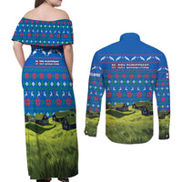Faroe Islands Christmas Couples Matching Off Shoulder Maxi Dress and Long Sleeve Button Shirt with Santa Riding Sheep Grass Roof Houses and Blue Nordic Pattern Design - Wonder Print Shop