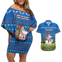 Faroe Islands Christmas Couples Matching Off Shoulder Short Dress and Hawaiian Shirt with Santa Riding Sheep Grass Roof Houses and Blue Nordic Pattern Design - Wonder Print Shop