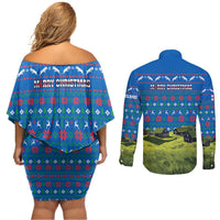 Faroe Islands Christmas Couples Matching Off Shoulder Short Dress and Long Sleeve Button Shirt with Santa Riding Sheep Grass Roof Houses and Blue Nordic Pattern Design - Wonder Print Shop