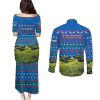 Faroe Islands Christmas Couples Matching Puletasi and Long Sleeve Button Shirt with Santa Riding Sheep Grass Roof Houses and Blue Nordic Pattern Design - Wonder Print Shop