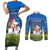 Faroe Islands Christmas Couples Matching Short Sleeve Bodycon Dress and Long Sleeve Button Shirt with Santa Riding Sheep Grass Roof Houses and Blue Nordic Pattern Design - Wonder Print Shop
