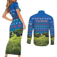 Faroe Islands Christmas Couples Matching Short Sleeve Bodycon Dress and Long Sleeve Button Shirt with Santa Riding Sheep Grass Roof Houses and Blue Nordic Pattern Design - Wonder Print Shop