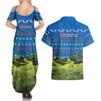 Faroe Islands Christmas Couples Matching Summer Maxi Dress and Hawaiian Shirt with Santa Riding Sheep Grass Roof Houses and Blue Nordic Pattern Design - Wonder Print Shop