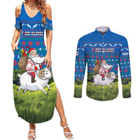 Faroe Islands Christmas Couples Matching Summer Maxi Dress and Long Sleeve Button Shirt with Santa Riding Sheep Grass Roof Houses and Blue Nordic Pattern Design - Wonder Print Shop