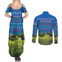 Faroe Islands Christmas Couples Matching Summer Maxi Dress and Long Sleeve Button Shirt with Santa Riding Sheep Grass Roof Houses and Blue Nordic Pattern Design - Wonder Print Shop