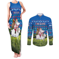 Faroe Islands Christmas Couples Matching Tank Maxi Dress and Long Sleeve Button Shirt with Santa Riding Sheep Grass Roof Houses and Blue Nordic Pattern Design - Wonder Print Shop