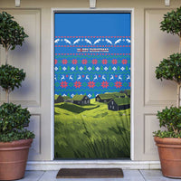 Faroe Islands Christmas Door Cover with Santa Riding Sheep Grass Roof Houses and Blue Nordic Pattern Design - Wonder Print Shop
