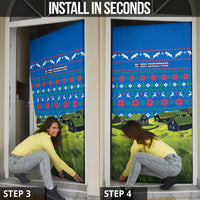 Faroe Islands Christmas Door Cover with Santa Riding Sheep Grass Roof Houses and Blue Nordic Pattern Design - Wonder Print Shop