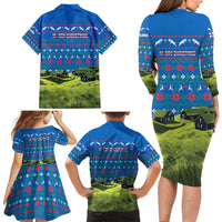 Faroe Islands Christmas Family Matching Long Sleeve Bodycon Dress and Hawaiian Shirt with Santa Riding Sheep Grass Roof Houses and Blue Nordic Pattern Design - Wonder Print Shop