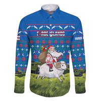 Faroe Islands Christmas Family Matching Long Sleeve Bodycon Dress and Hawaiian Shirt with Santa Riding Sheep Grass Roof Houses and Blue Nordic Pattern Design - Wonder Print Shop