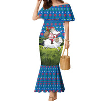 Faroe Islands Christmas Family Matching Mermaid Dress and Hawaiian Shirt with Santa Riding Sheep Grass Roof Houses and Blue Nordic Pattern Design - Wonder Print Shop