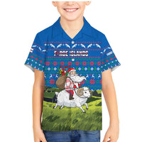 Faroe Islands Christmas Family Matching Mermaid Dress and Hawaiian Shirt with Santa Riding Sheep Grass Roof Houses and Blue Nordic Pattern Design - Wonder Print Shop