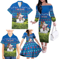 Faroe Islands Christmas Family Matching Off The Shoulder Long Sleeve Dress and Hawaiian Shirt with Santa Riding Sheep Grass Roof Houses and Blue Nordic Pattern Design - Wonder Print Shop