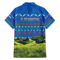 Faroe Islands Christmas Family Matching Off The Shoulder Long Sleeve Dress and Hawaiian Shirt with Santa Riding Sheep Grass Roof Houses and Blue Nordic Pattern Design - Wonder Print Shop