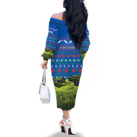 Faroe Islands Christmas Family Matching Off The Shoulder Long Sleeve Dress and Hawaiian Shirt with Santa Riding Sheep Grass Roof Houses and Blue Nordic Pattern Design - Wonder Print Shop