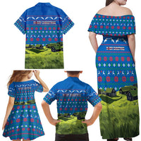 Faroe Islands Christmas Family Matching Off Shoulder Maxi Dress and Hawaiian Shirt with Santa Riding Sheep Grass Roof Houses and Blue Nordic Pattern Design - Wonder Print Shop