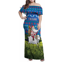 Faroe Islands Christmas Family Matching Off Shoulder Maxi Dress and Hawaiian Shirt with Santa Riding Sheep Grass Roof Houses and Blue Nordic Pattern Design - Wonder Print Shop