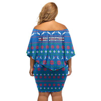Faroe Islands Christmas Family Matching Off Shoulder Short Dress and Hawaiian Shirt with Santa Riding Sheep Grass Roof Houses and Blue Nordic Pattern Design - Wonder Print Shop
