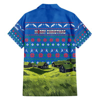 Faroe Islands Christmas Family Matching Puletasi and Hawaiian Shirt with Santa Riding Sheep Grass Roof Houses and Blue Nordic Pattern Design - Wonder Print Shop