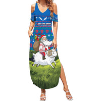 Faroe Islands Christmas Family Matching Summer Maxi Dress and Hawaiian Shirt with Santa Riding Sheep Grass Roof Houses and Blue Nordic Pattern Design - Wonder Print Shop