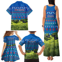 Faroe Islands Christmas Family Matching Tank Maxi Dress and Hawaiian Shirt with Santa Riding Sheep Grass Roof Houses and Blue Nordic Pattern Design - Wonder Print Shop