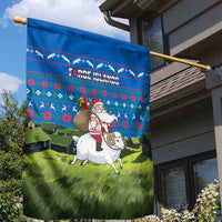 Faroe Islands Christmas Garden Flag with Santa Riding Sheep Grass Roof Houses and Blue Nordic Pattern Design - Wonder Print Shop