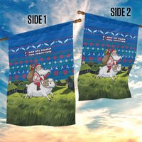Faroe Islands Christmas Garden Flag with Santa Riding Sheep Grass Roof Houses and Blue Nordic Pattern Design - Wonder Print Shop