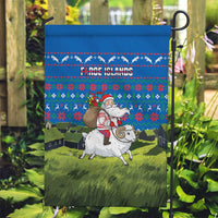 Faroe Islands Christmas Garden Flag with Santa Riding Sheep Grass Roof Houses and Blue Nordic Pattern Design - Wonder Print Shop