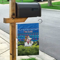 Faroe Islands Christmas Garden Flag with Santa Riding Sheep Grass Roof Houses and Blue Nordic Pattern Design - Wonder Print Shop