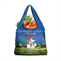 Faroe Islands Christmas Grocery Bag with Santa Riding Sheep Grass Roof Houses and Blue Nordic Pattern Design - Wonder Print Shop