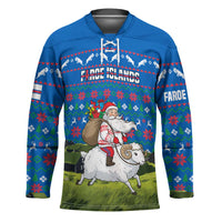 Faroe Islands Christmas Hockey Jersey with Santa Riding Sheep Grass Roof Houses and Blue Nordic Pattern Design - Wonder Print Shop