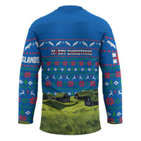 Faroe Islands Christmas Hockey Jersey with Santa Riding Sheep Grass Roof Houses and Blue Nordic Pattern Design - Wonder Print Shop