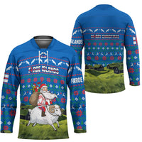 Faroe Islands Christmas Hockey Jersey with Santa Riding Sheep Grass Roof Houses and Blue Nordic Pattern Design - Wonder Print Shop
