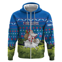 Faroe Islands Christmas Hoodie with Santa Riding Sheep Grass Roof Houses and Blue Nordic Pattern Design - Wonder Print Shop